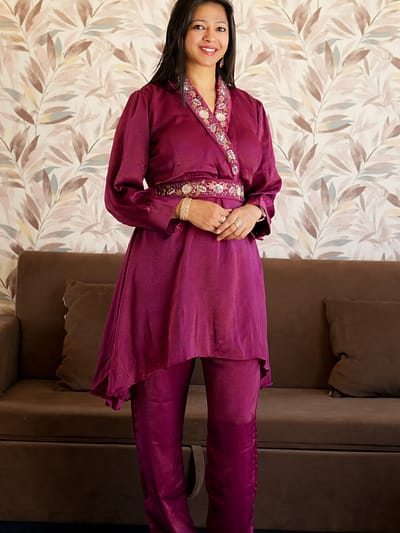 Velvet Maroon Outfit with Belt