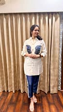 Russian Cotton Silk With Dostressed Denim Bottom & Design Pearl Work On Shirt