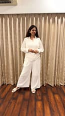 White Coat Set Self, Stripped 2 Button With Flared Bottom