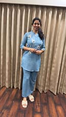 Denim Blue Co-ord Set Linen Fabric With Applique Detailing Nn Shirt, Shirt With Bottom