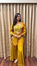 MUSTARD YELLOW CROP TOP WITH PLAZZO & SHRUG