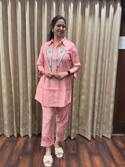 Pastel co-ord set Flex cotton fabric with beautiful geometric embroidered panel on front