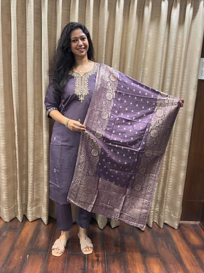 Elegant Purple silk blend fabric with beautiful thread & zari embroidery on neckline.