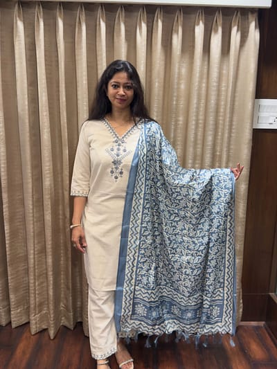 OFF WHITE FULL SUIT WITH BLUE DUPATTA