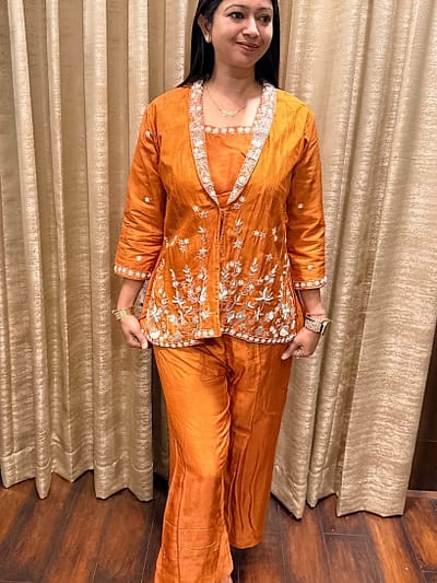 ORANGE SILK CO-ORD SET WITH SHRUGH