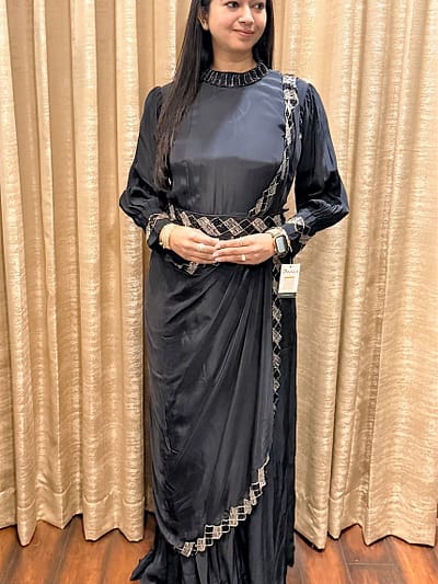 BLACK GOWN WITH DRAPE DUPATTA AND BELT