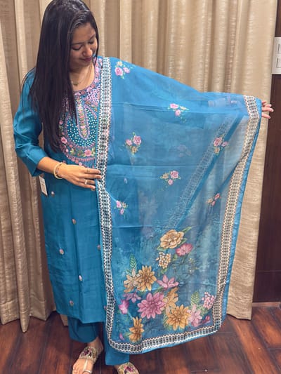 TEAL BLUE FULL SUIT FLOWER PRINT ON DUPATTA