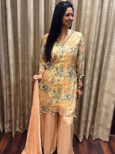 PEACH FLORAL KURTA WITH SHARARA FULL SUIT