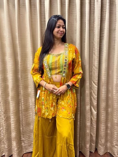 MUSTARD YELLOW CROP TOP WITH PLAZZO & SHRUG