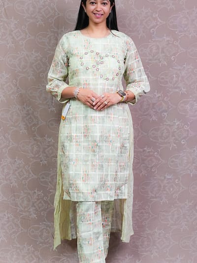 GREEN HI-LOW PATTERN KURTA SET