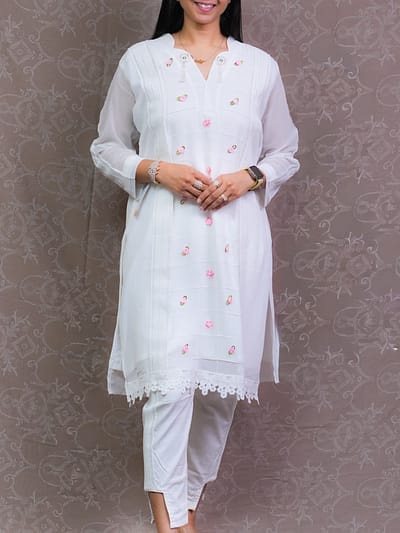WHITE PINK FLOWER KURTA SET
