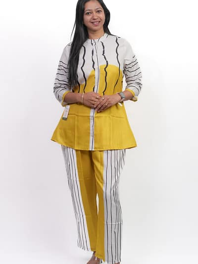 Yellow with White Black Strips Co-ord Set